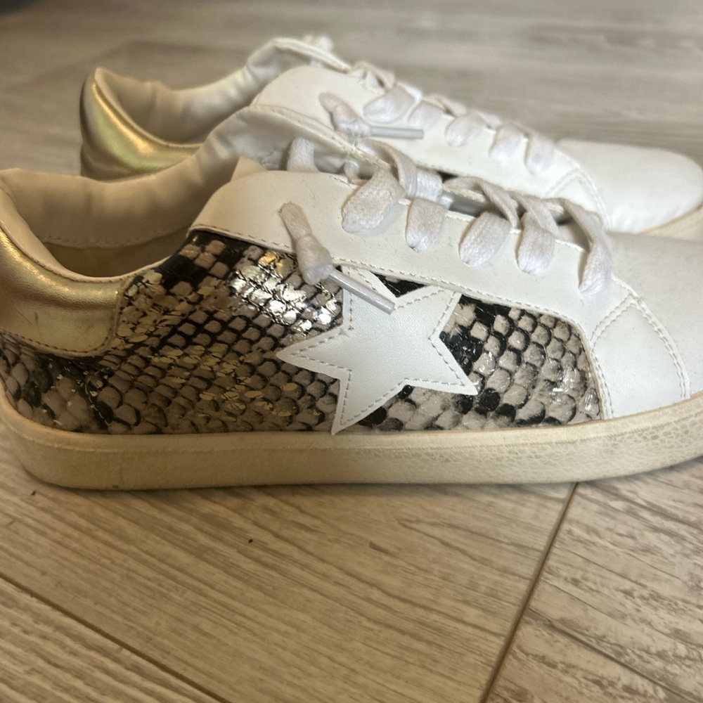 Madden Girl White and Gold Snake Print Sneakers